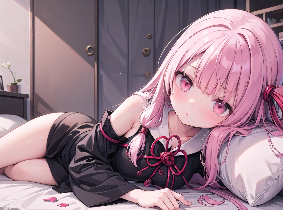 (masterpiece, Highest quality:1.2), alone, One girl, Kotonoha Akane,View your viewers, Hair Ribbon, Black Dress, Removable sleeves, Wide sleeves, Bare shoulders,lrge beds: 1.2, lying down, lying flat, prone, bed in room,whole body,Pink hair,Clean room