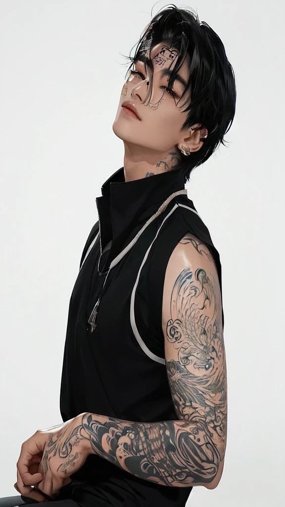 arafed man with a tattoo on his arm sitting on a stool, hyung tae, hong june hyung, handsome japanese demon boy, inspired by Itō Ogura Yonesuke, seseon yoon, shigeto hirai yuya, sui ishida with black hair, taejune kim, with tattoos, style of junji ito