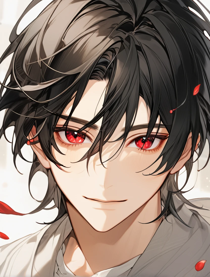 (Black_Hair), (red_ruby_eyes), (Handsome), (attractive), (male), (close_up_shot), (detailed_eyes), (detailed_hair), (clean_hair), (carefree_expression), (vertical_pupils), (peaceful_atmosphere), (jawline),