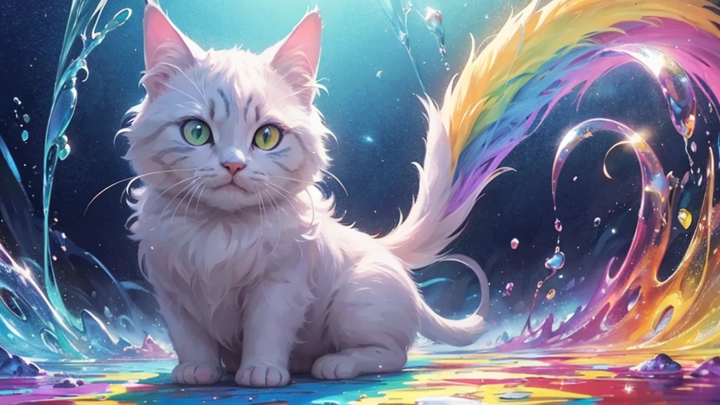 Front Focus, Rainbow paint splashes、ファンタジーart, Photographic realism, Soft Lighting, art, Poster, Shining Lights, Highly detailed impasto botanical illustrations, 4K, Artistic design、Cel drawing 2D illustration style、Cat ear、One colorful tail