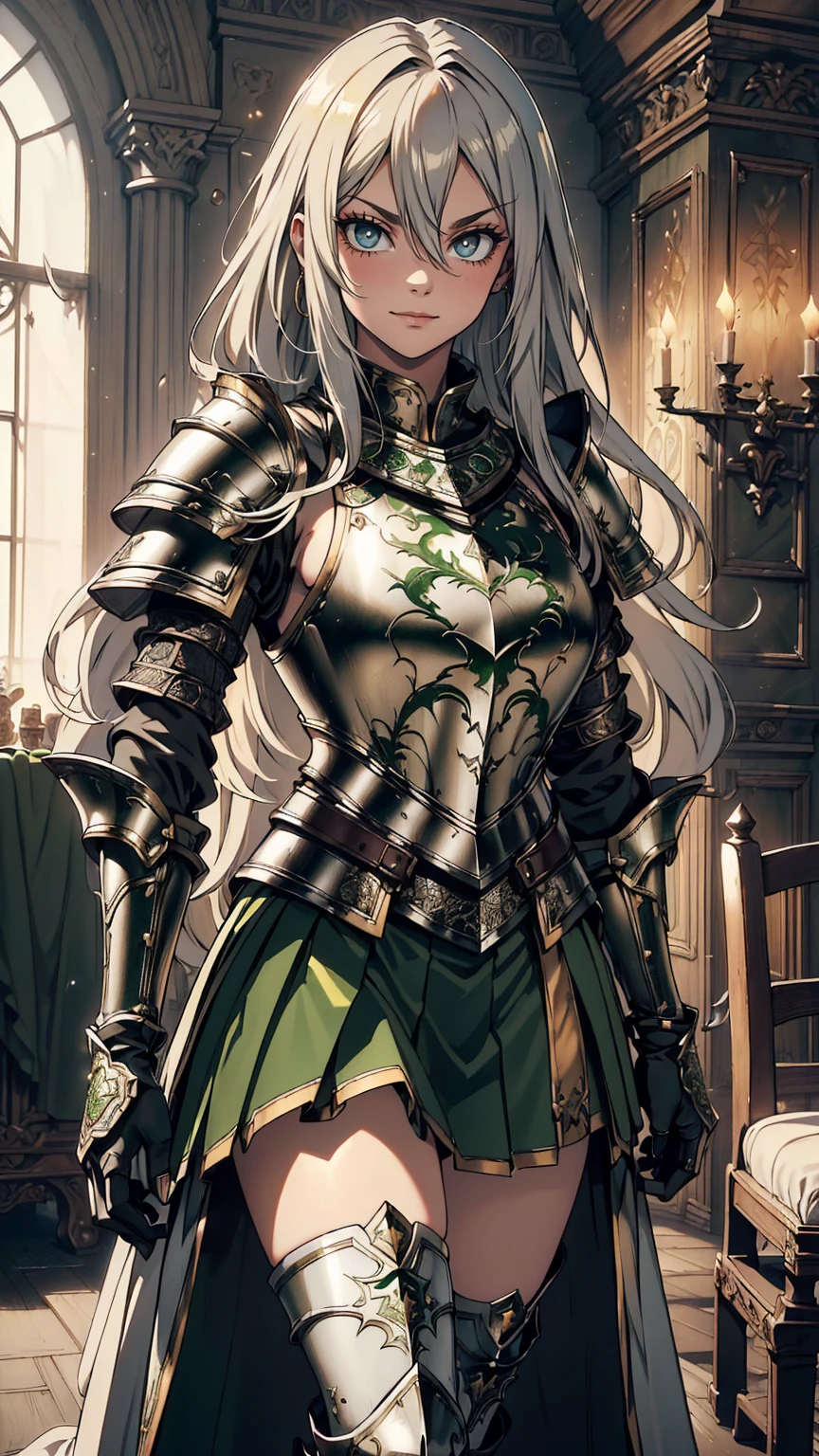 最high quality、Ultra High Definition, Ultra High Quality, Hyper Definition, Hyper Quality, Hyper Detailed, Extremely Detailed, Perfectly Detailed, Best image quality、masterpiece、woman((20-year-old、super dynamic pose , legs bent at the knees, Green solid eyes, Silver long Hair、Disheveled Hair、Long White Hair、thin, Glove、Green Skirt, Noble Armor, Smirk、Detailed Cuirass , Dressed in Full Coverage Noble Plate Armor)),high quality、Beautiful art、background((Inside the mansion))、Written boundary depth、 movie、Visual Arts、Perfect art、8K,Genuine、