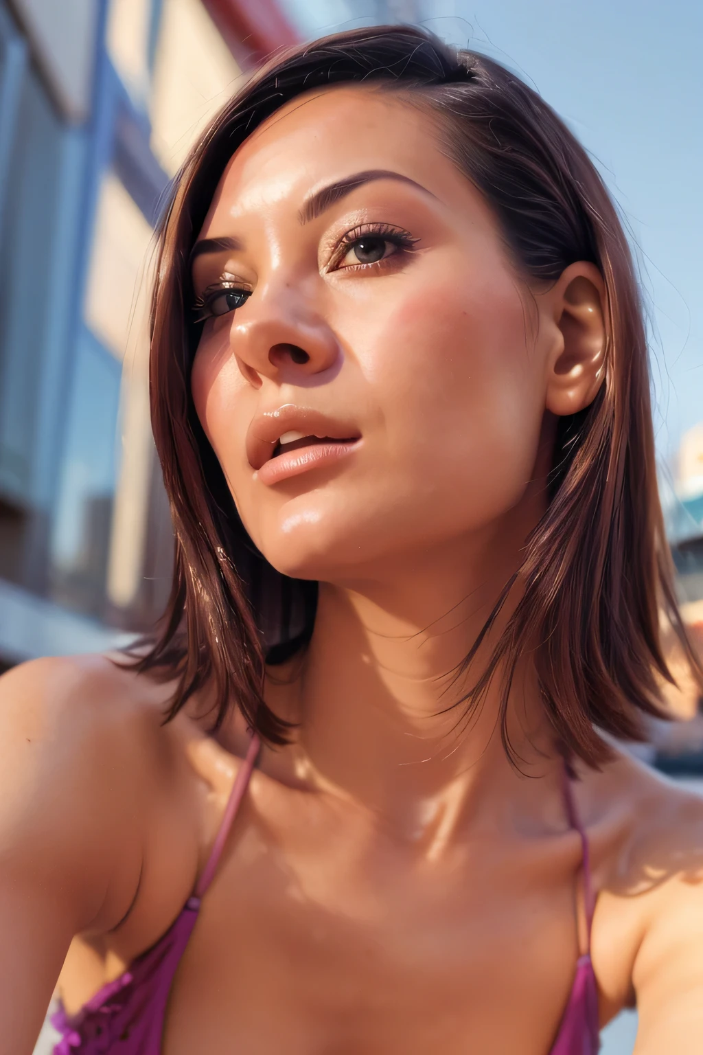 woman images,、Face close-up、Smooth Skin、masterpiece、Highest quality、8K Photo、woman, Age 25、girl、From below,((Look Up,The nasal cavity is visible,Looking up at the sky))
