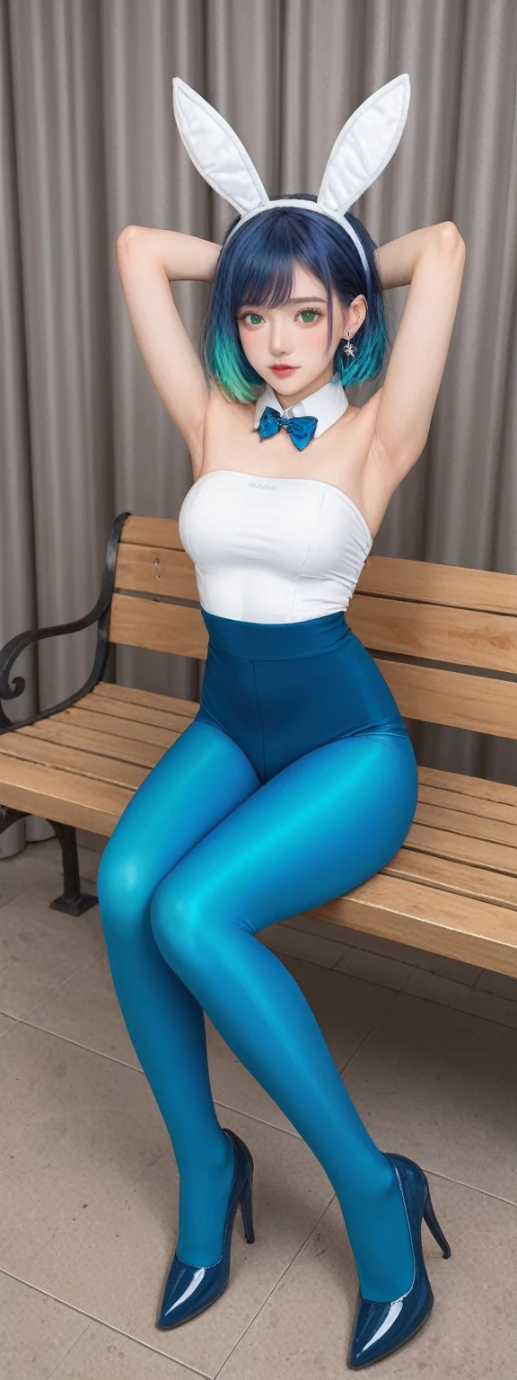 Realistic full body photo of a smiling brunette with long hair, She dances in front of the camera in a tank top made of shiny blue satin and a white pleated skirt. Tights,Park,glamour fotoshooting, Wedding celebration, perfect anatomy, perfect brown eyes. Perfect hands with 5 fingers on each hand, Matching girl, looking at the camera, 1 Frau. (Eye make up:1.1), (highly detailed skin:1.1), spirit, analog style, keen focus, 8K UHD, dslr, good quality, Fujifilm XT3, Grain, Award-winning, masterpiece. Wedding celebration. She sits on a bench and shows her beautiful legs. Beautiful shoes