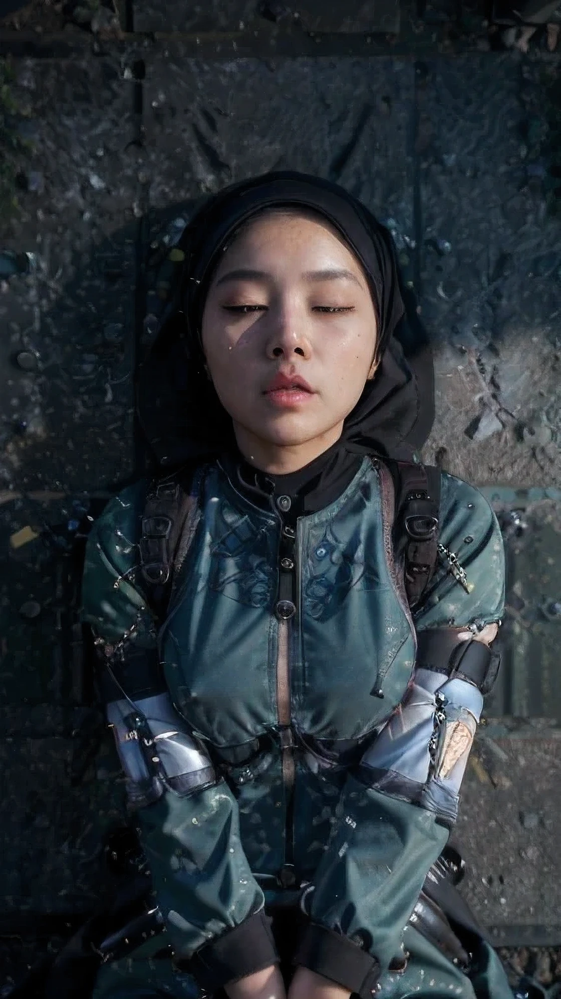 A young chinese woman, Best image quality, Excellent details, Ultra-high resolution, (realism: 1.4), ((Cowboy Shot:1.4)), Best illustrations, Favorite Details, A very condensed woman, 20 years old, Beautiful and delicate facial features, Perfect Proportions, ((From above)),((((Lie on your back on the ground, Close ~ eyes,defeat,painfull)))),Curved Breasts, Chubby:0.4, ((A body like a beauty woman)),((I like wearing hijab suits, Black and grey mech, Military Harness)), The background is a dark green dense forest