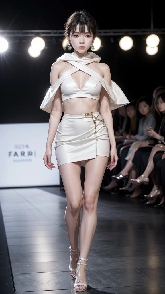 Korean women, so beautiful, Perfect Face, Very short hair, She is a model,Walking down the catwalk in a gorgeous outfit at Paris Fashion Week, Wear expensive earrings, perfect full body, You can feel the sexy aura of a top model、She is photographed