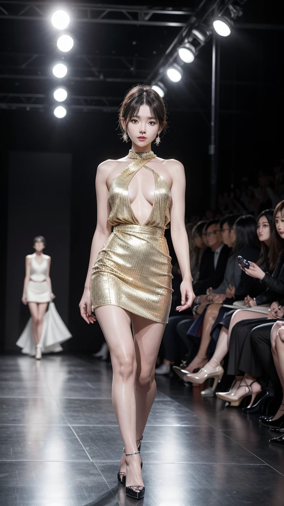 Korean women, so beautiful, Perfect Face, Very short hair, She is a model,Walking down the catwalk in a gorgeous outfit at Paris Fashion Week, Wear expensive earrings, perfect full body, You can feel the sexy aura of a top model、She is photographed