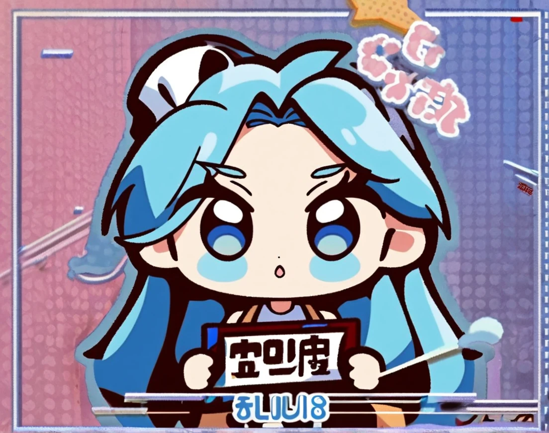 1girl, long silky hair, 90's style, medium blue hair, blue eyes, holding a sign saying (yofan club) name in background, chibi, (newest anime art style)
