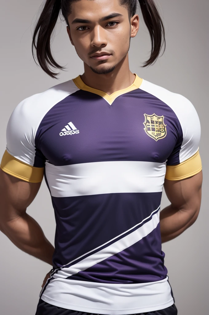 an exclusive football style shirt on the front with the name "Map of The Soul" incorporate these colors in a creative way:Shirt Base: Mainly purple, with gold and white details.Group logo: In gold on the chest, standing out against the purple base.Names and Numbers: Printed on the back in white, with golden outlines for an extra touch of highlight.Additional Detail: Black stripes and design elements for a sophisticated, modern touch.