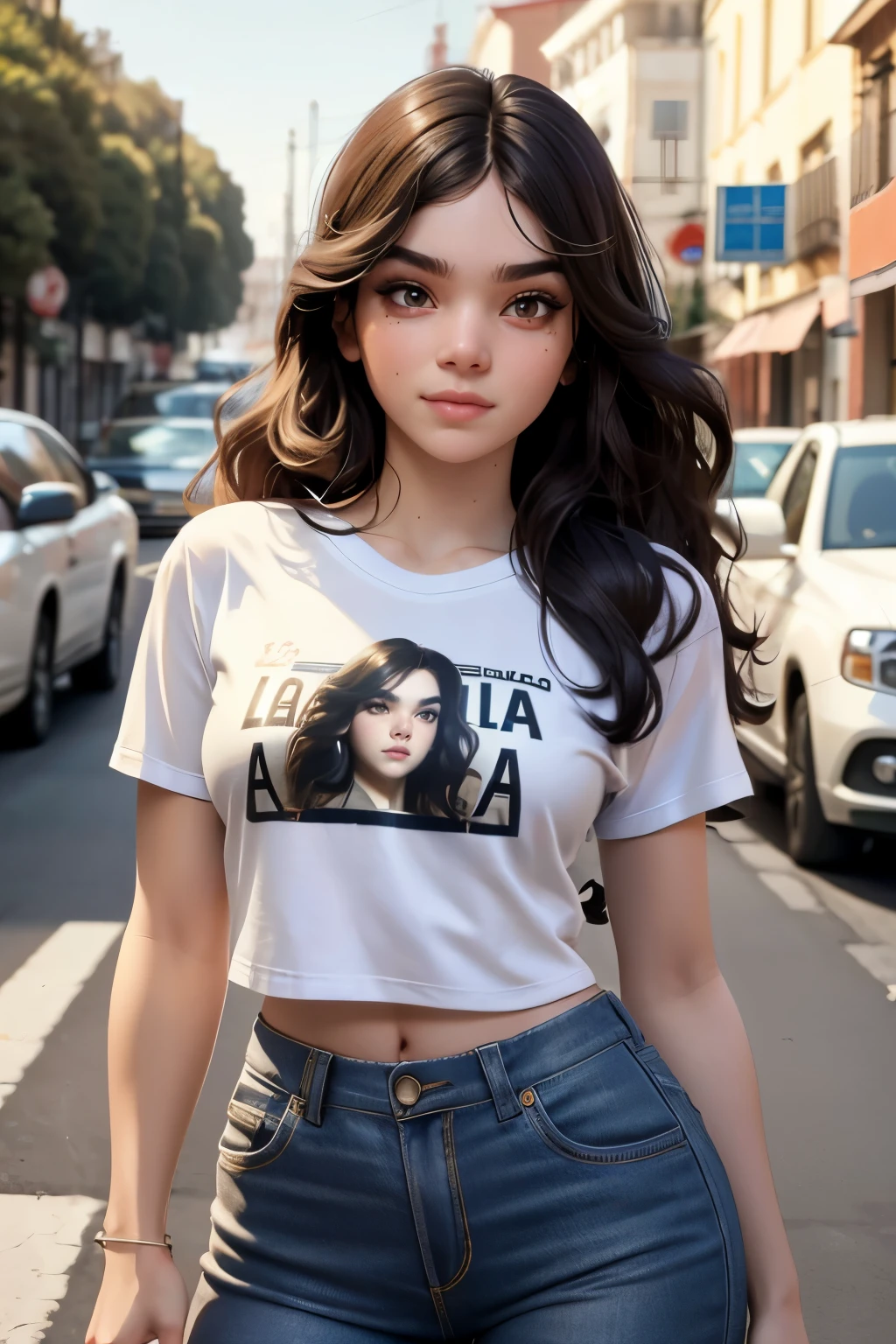 White skin girl, Skinny body, shoulder length hair, Brown and wavy hair, brown eyes, Long Face, mole on face near mouth, Cowboys, benfica t-shirt, black suitcase, in the background on the street.