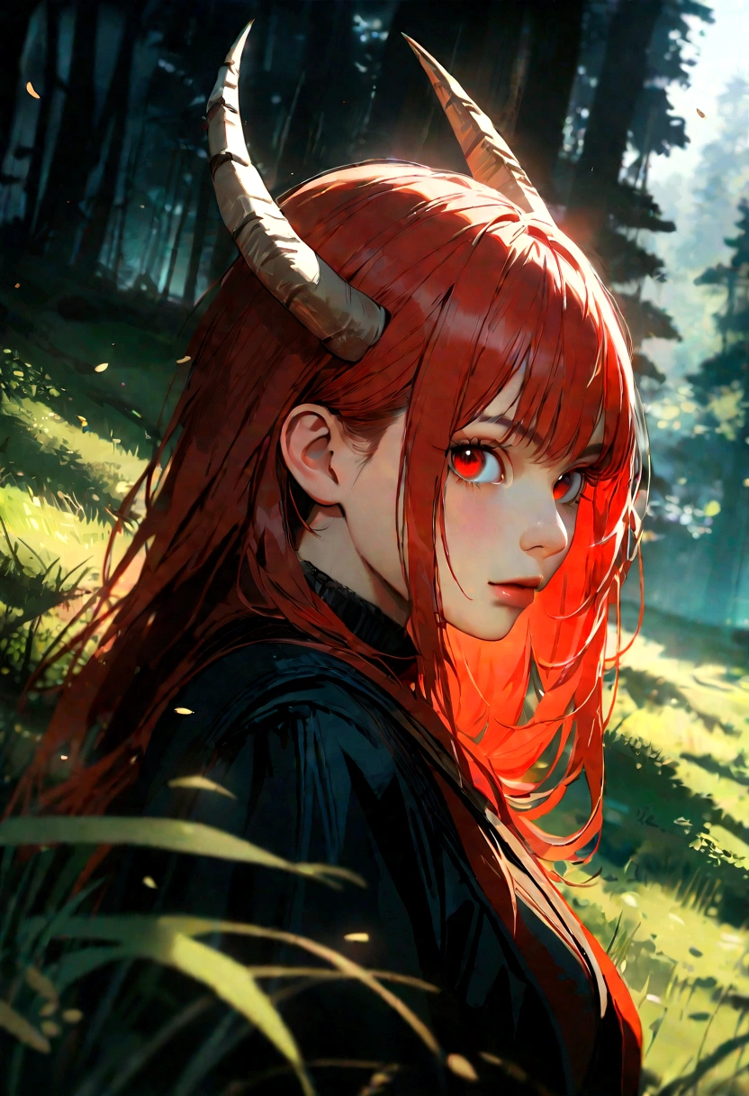 wild rabbit , (rabbit with horn: 1.5), (red eyes: 1.0), (wild: 1.0), meadow with short grass and forest background , full shot, ((looking at viewer:1.2), (from side:0.8)), volumetric lighting dynamic lighting, real shadows, vibrant contrasting colors, style of Stephen Hickman and Stan Manoukian, ultra realistic, masterpiece, high quality, highres, sharp focus, intricate, sharp details, highly detailed, rich color, 8K,