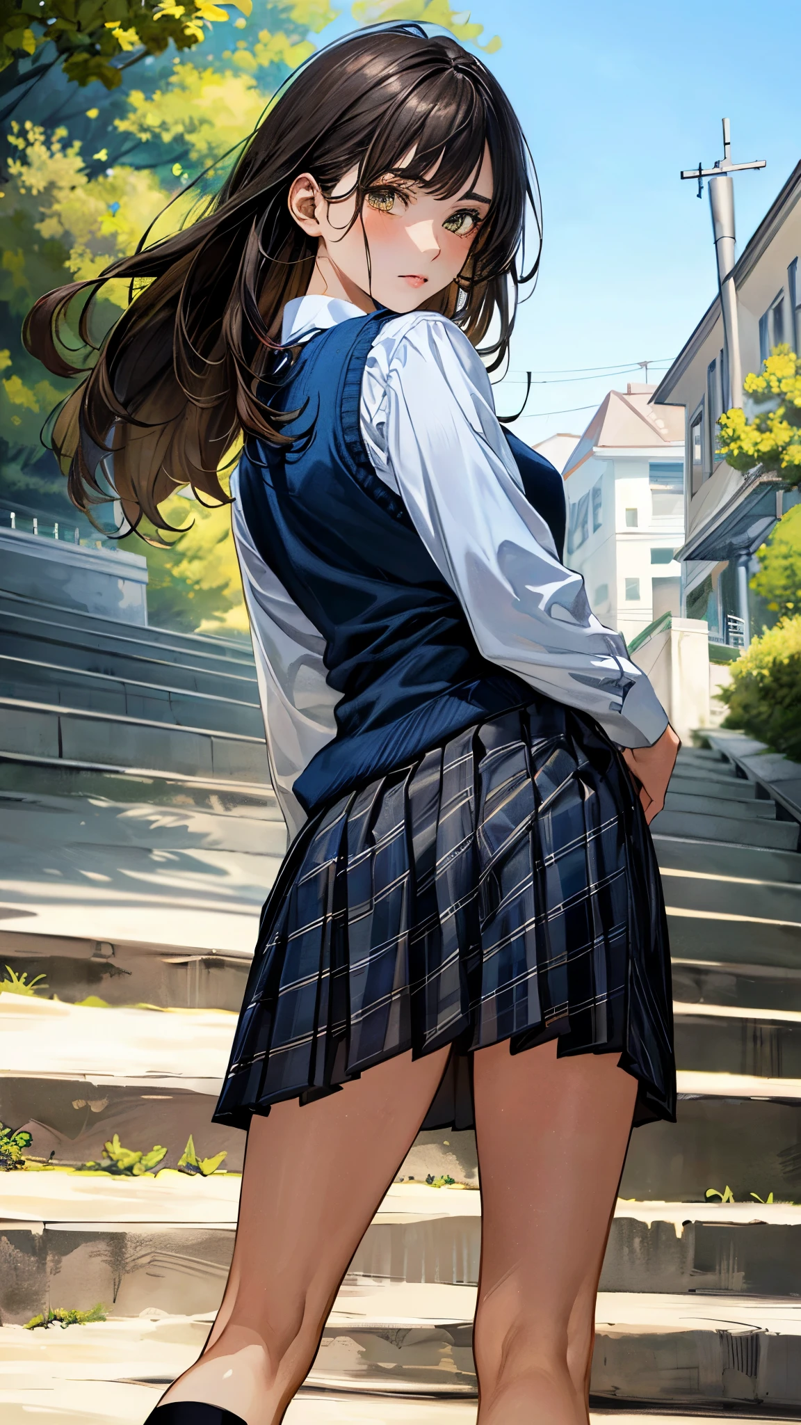 (masterpiece:1.3, top-quality, ultra high res, ultra detailed), (realistic, photorealistic:1.4), beautiful illustration, perfect lighting, natural lighting, colorful, depth of fields, surrealism,
beautiful detailed hair, beautiful detailed face, beautiful detailed eyes, beautiful clavicle, beautiful body, beautiful chest, beautiful thigh, beautiful legs, beautiful fingers, shiny skin, babyface,
((looking back, from behind, from below)), 1 girl, high school girl, (perfect anatomy, anatomically correct, super detailed skin), cute and symmetrical face, perfect face, perfect eyes,
(long hair, straight hair, sidelocks, dark brown hair), bangs, yellow green eyes, drooping eyes, big eyes, long eyelashes, (large breasts:1.2, seductive thighs), slender, outstanding style,
((detailed cloth texture, break,break, white collared shirt, break,break, light brown knit vest, break,break, navy plaid pleated skirt, break,break, blue bow tie), break,break, white socks, black loafer),
(beautiful scenery), evening, (outdoors, stairs, climbing stairs,), skirts that flip in strong winds, stylish white panties hidden under a skirt, hands on hips, (wince, embarrassed),