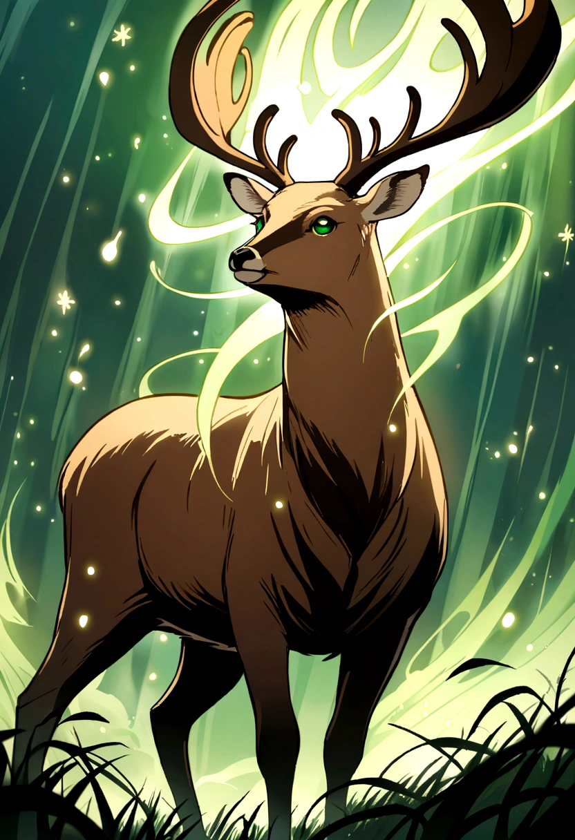 Detailed anime drawing of a brown deer with an elegant aura, big antlers, And the green eye runs through the meadow by itself