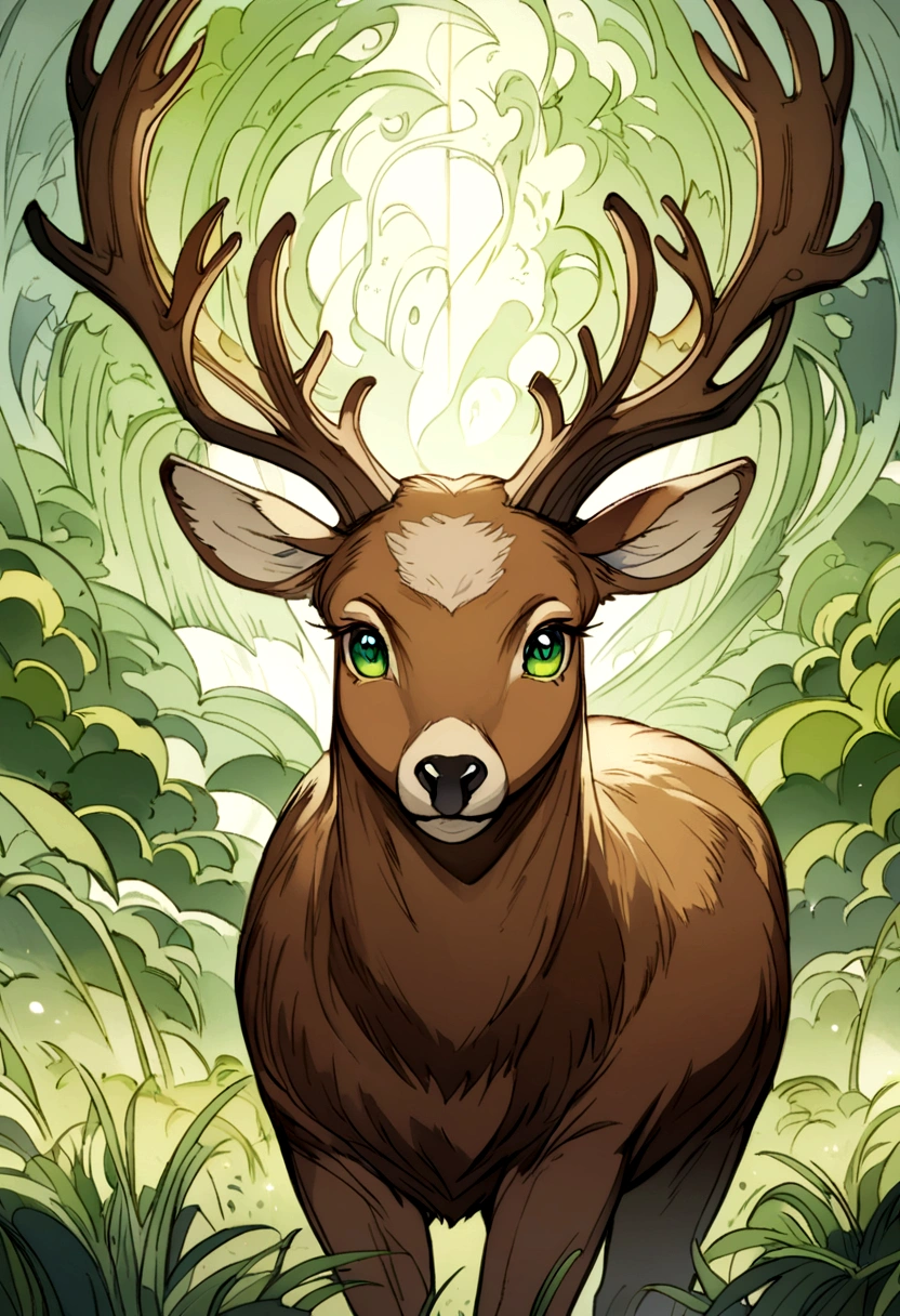 Detailed anime drawing of a brown deer with an elegant aura, big antlers, And the green eye runs through the meadow by itself