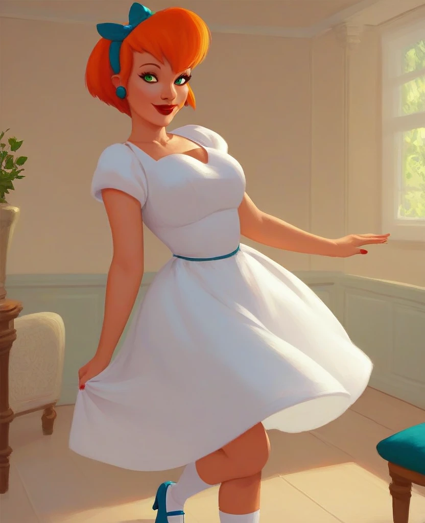 score_8, score_9, cecilia, 1 woman, adult female , mature woman body, solo, orange hair, short hair, green eyes, lips, red lipstik, long white dress, hairband, smile, indoors, white socks, blue shoes, in rich apartment, happy smile, standing, big breasts, sexy hips,