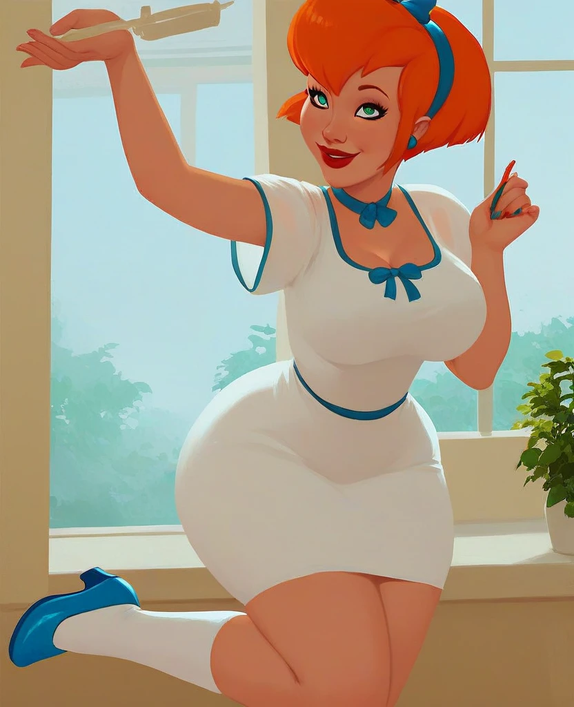 score_8, score_9, cecilia, 1 woman, adult female , mature woman body, solo, orange hair, short hair, green eyes, lips, red lipstik, long white dress, hairband, smile, indoors, white socks, blue shoes, in rich apartment, happy smile, standing, big breasts, sexy hips,