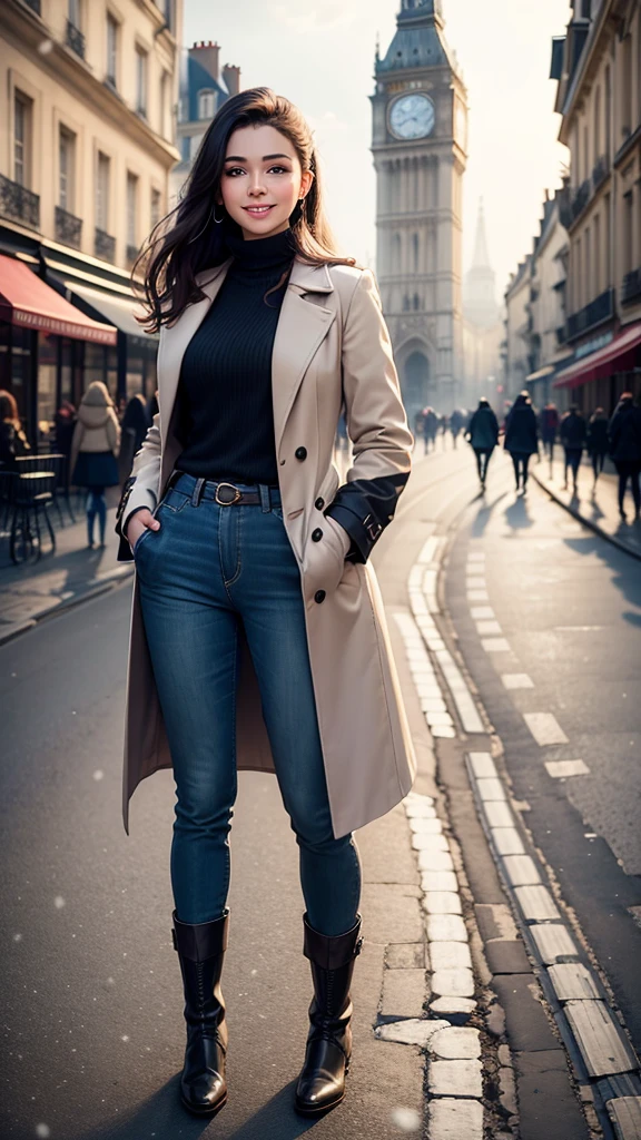 Beautiful young woman smiles, realistic image, wearing a nice shirt and long pants. Has a long coat put on boots On a walkway in Paris with a clock tower and falling snow. Wide view. See the scenery.