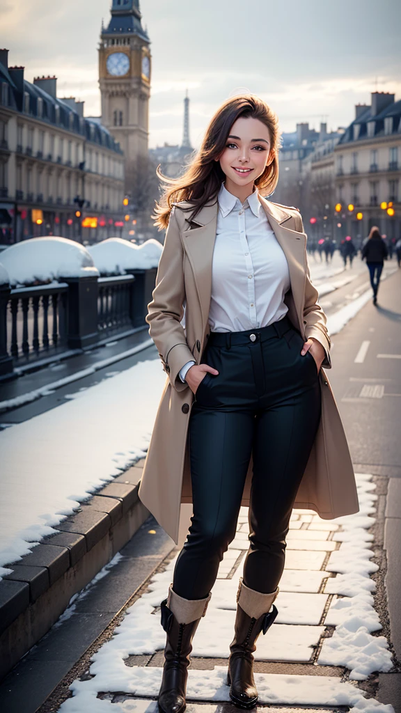 Beautiful young woman smiles, realistic image, wearing a nice shirt and long pants. Has a long coat put on boots On a walkway in Paris with a clock tower and falling snow. Wide view. See the scenery.