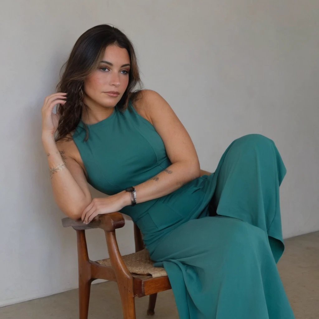 Woman one with matte skin; peau ultra réaliste avec le regard fixe devant la caméras ;full  body ;a woman wearing side-swept hair. Realistic hand detail,top which is a green colored dress, les jambes ce croise; she will be sitting on an armchair ;White wall in the background