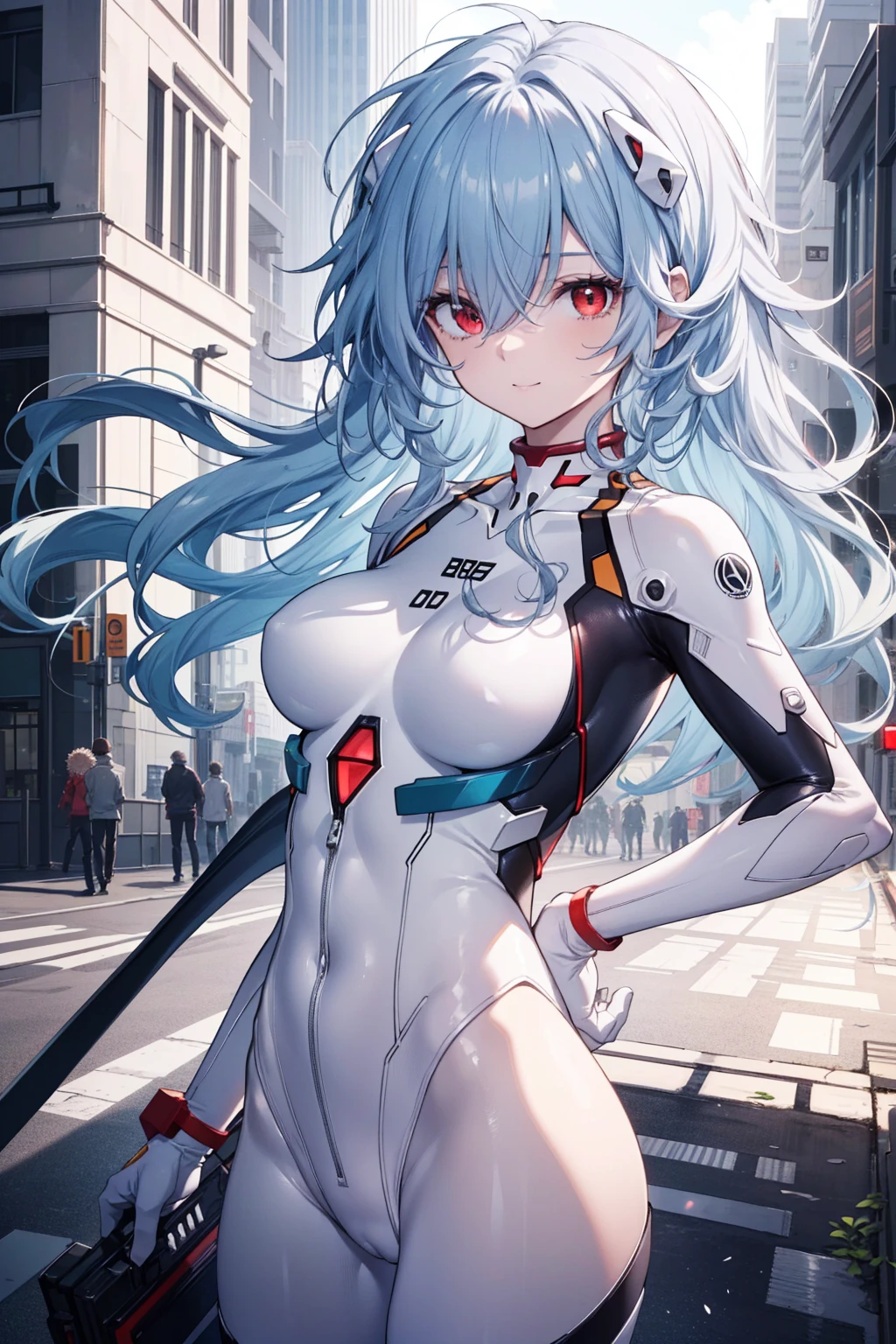 reiayanami, Rei Ayanami, Blue hair,(Long_messy_hair:1.4),(curly hair:1.4), (Red Eyes:1.5),light_smile,(half_eye:1.5)
BREAK bodysuit, headgear, plugsuit, White bodysuit,cowboy_shot,
BREAK outdoors, city,
BREAK looking at viewer,
BREAK (masutepiece:1.2), Best Quality, High resolution, Unity 8k Wallpaper, (Illustration:0.8), (Beautiful detailed eyes:1.6), extra detailed face, Perfect Lighting, extremely details CG, (Perfect hands, Perfect Anatomy),