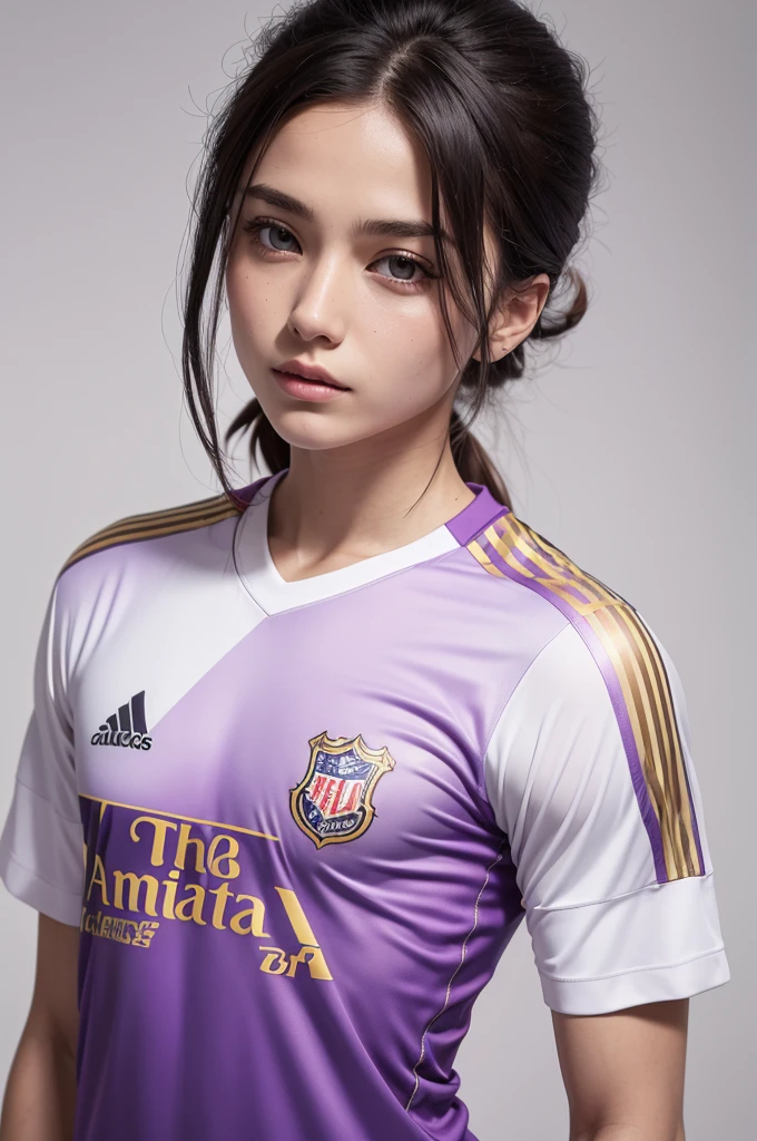 an exclusive football style shirt with the name "Map of The Soul written on the front and the colors of the shirt being lilac, gold, white