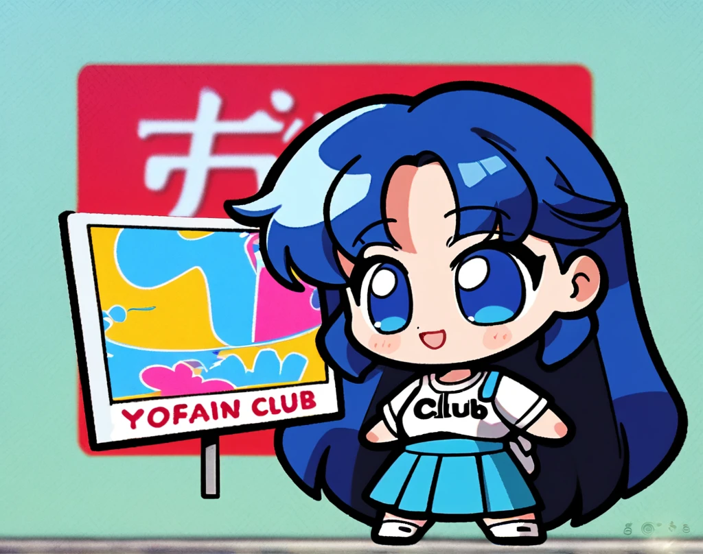 1girl, long silky hair, 90's style, medium blue hair, blue eyes, holding a sign saying (yofan club) name in background, chibi, (newest anime art style)