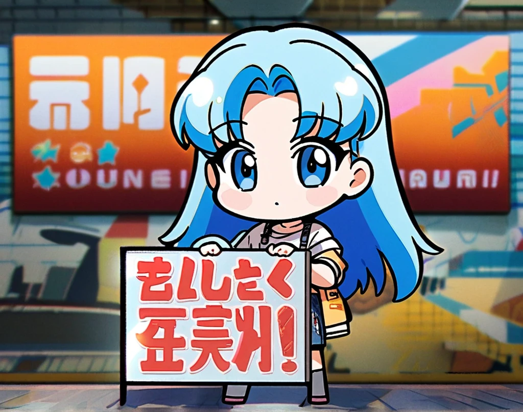 1girl, long silky hair, 90's style, medium blue hair, blue eyes, holding a sign saying (yofan club) name in background, chibi, (newest anime art style)