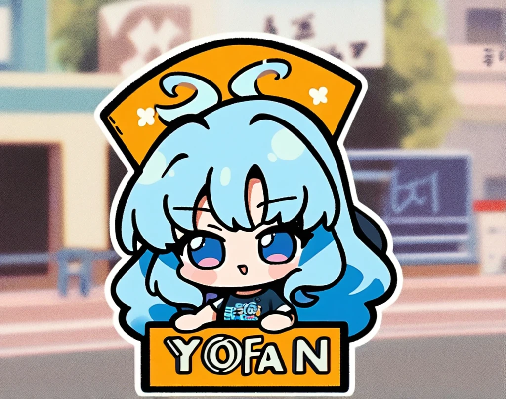 1girl, long silky hair, 90's style, medium blue hair, blue eyes, holding a sign saying (yofan club) name in background, chibi, (newest anime art style)