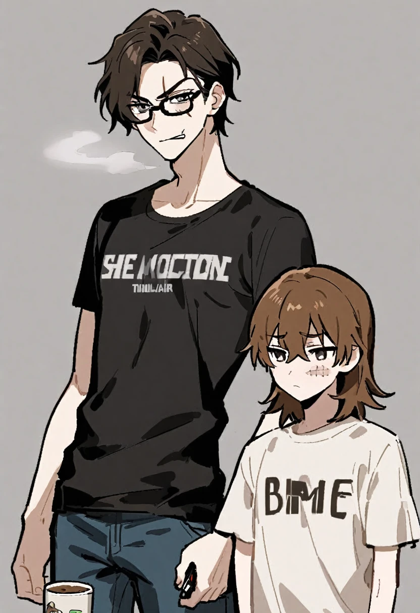 Alaric Vitalle, 26 years old, is a young intellectual with an unkempt and authentic appearance. His dark brown hair is always messy and he wears thick-rimmed glasses that give him a nerdy appearance. Standing 1.74 m tall, Alaric has a slender and relaxed build. His skin is slightly pale with dark circles under his eyes. He prefers simple clothes like anime t-shirts, distressed jeans. He has a small scar on his left eyebrow. His expression usually displays slight skepticism or sarcasm. He is smoking a cigarette and in the other hand an alcoholic drink.

The background is a night bar


 in the style of lora marvin, Light novelcover style, detailed face.