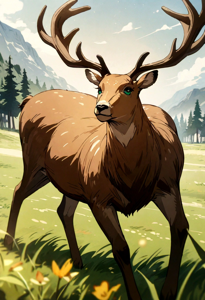 Detailed animated painting of a brown deer with large heart-shaped antlers and green eyes giving off a graceful aura as it runs through the meadow