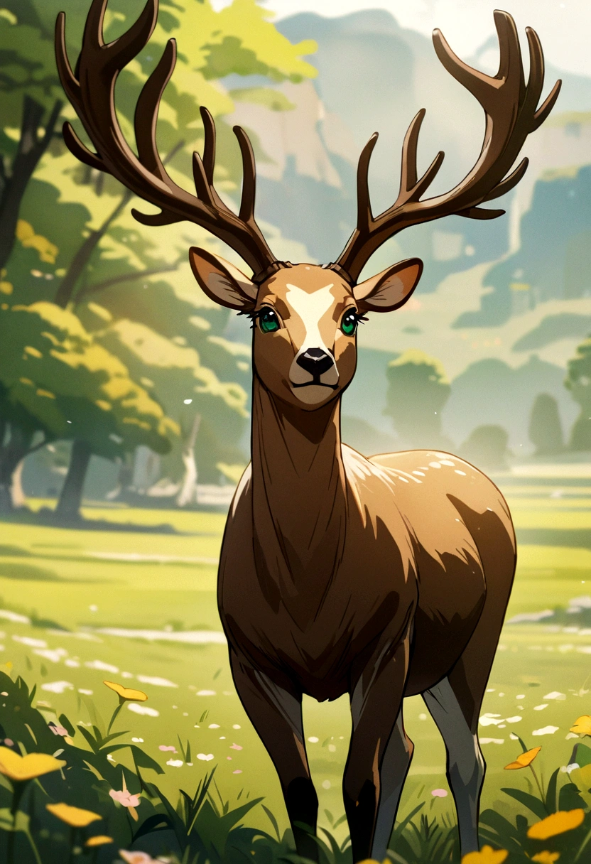 Detailed animated painting of a brown deer with large heart-shaped antlers and green eyes giving off a graceful aura as it runs through the meadow