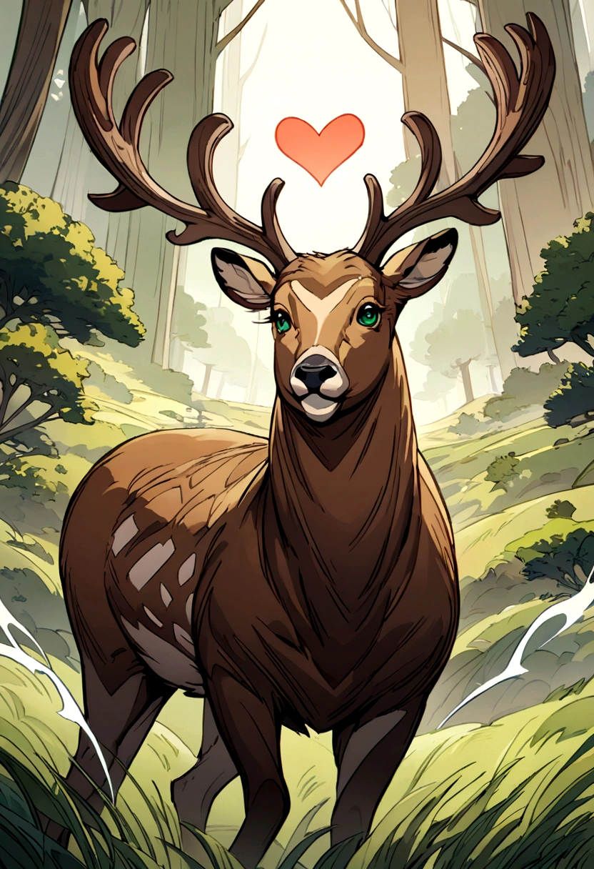 Detailed animated painting of a brown deer with large heart-shaped antlers and green eyes giving off a graceful aura as it runs through the meadow
