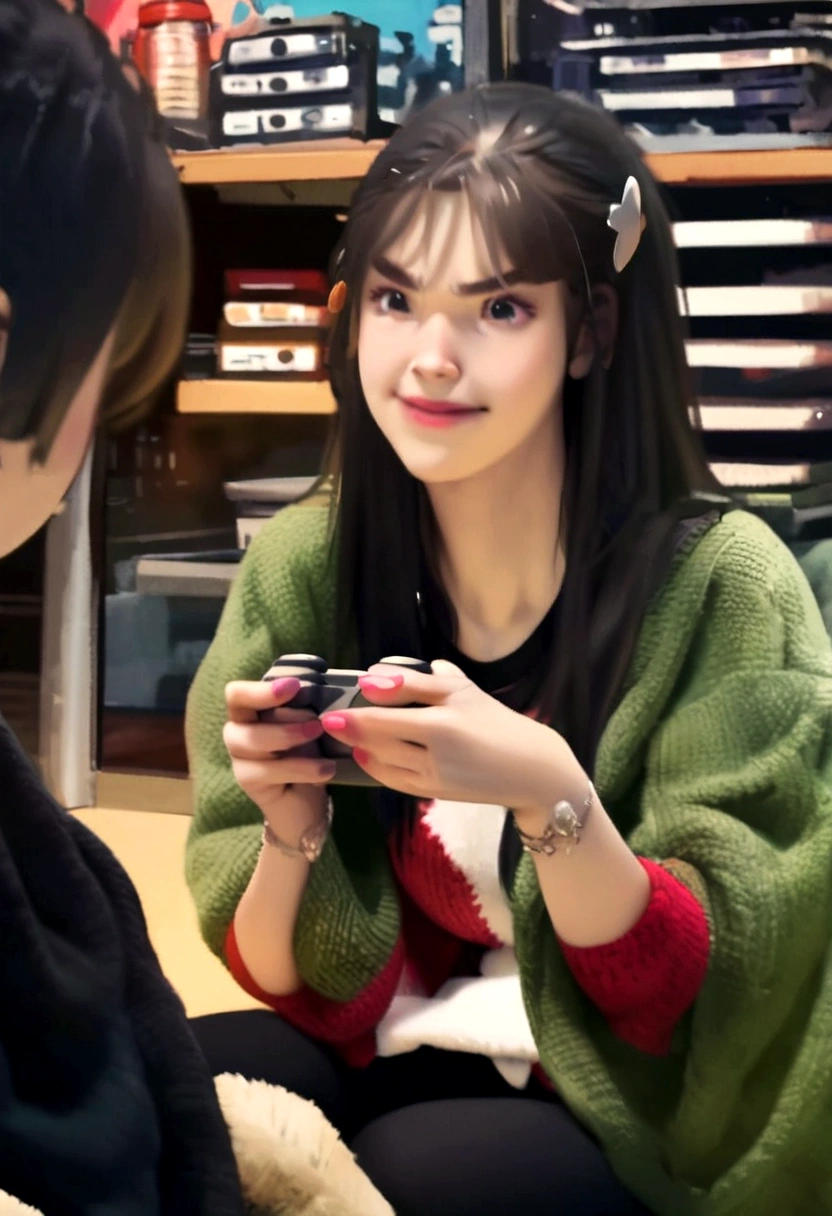 Cute sitting playing a 2d cartoon game