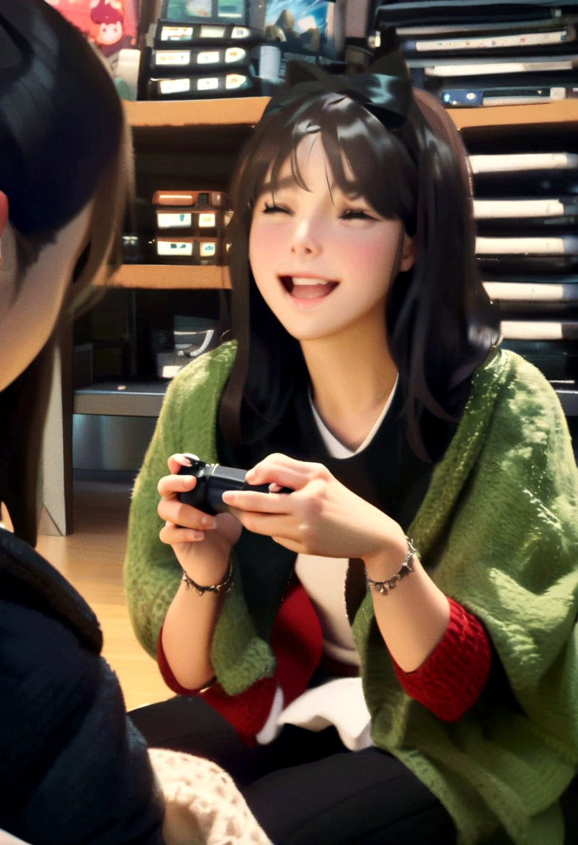 Cute sitting playing a 2d cartoon game