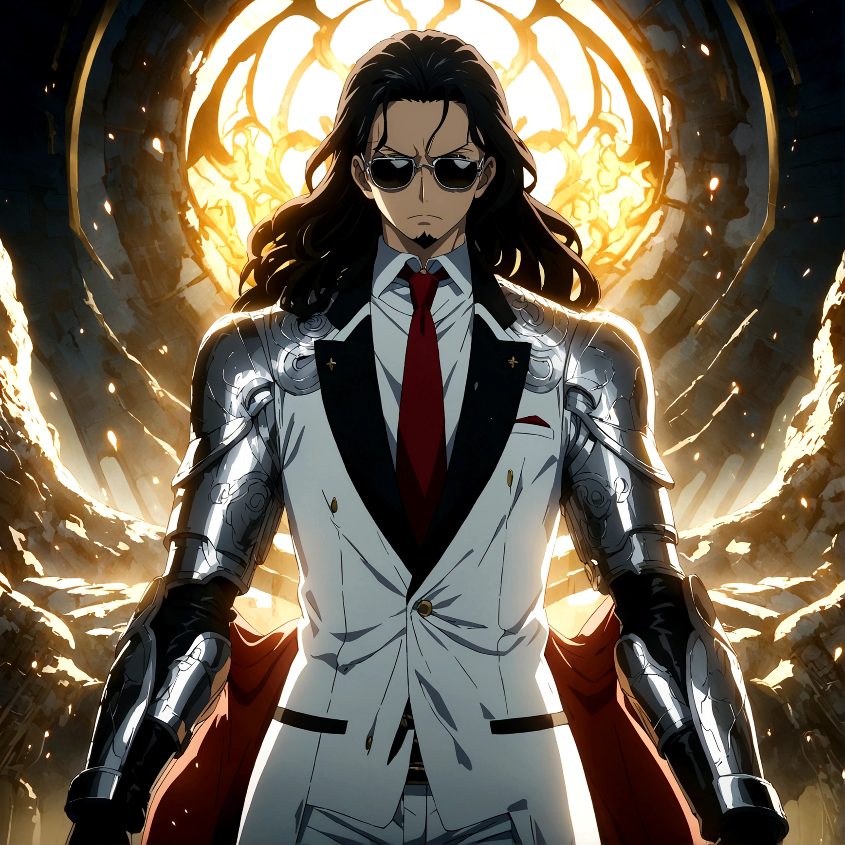 Young man, slim body, long hair, white suit, red tie, sunglasses, goatee, black gloves, serious expression, white metal arms, laboratory background, One Piece-inspired anime lines, drenched in dramatic and incredible lighting, dramatic lighting, infused with creative details, ultra-fine 2D design, scenery bathed in creativity, bathed in creativity, boasting HD anime resolution clarity, HD anime graphics, high-octane rendering