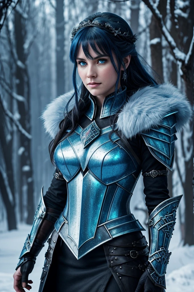 
Seraphine Frostfang stands tall and resolute, clad in enchanted armor adorned with intricate frost runes that shimmer with an icy blue hue. Her piercing blue eyes, hardened by countless battles, reflect an unwavering determination to protect her realm from monstrous threats.