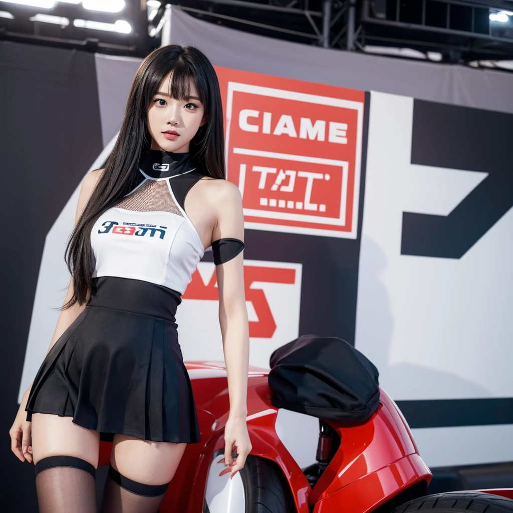 Super detailed photos、Detailed face、Lip gloss、Cool woman、Colorful costumes、F1 Driver Cosplay、Colorful costumes、Clothing with company logo、Grid Girlsのカラフルで派手な衣装、Grid Girls、Perfect Face、Paddock Girls、Harem、motor Show、tights、Bodycon Costumes、Grid Girls、Russia、Grid Girlsのコスプレ、belly button、Pleated skirt、Bodycon Costumes、Legs open pose、Spread your legs to show your crotch