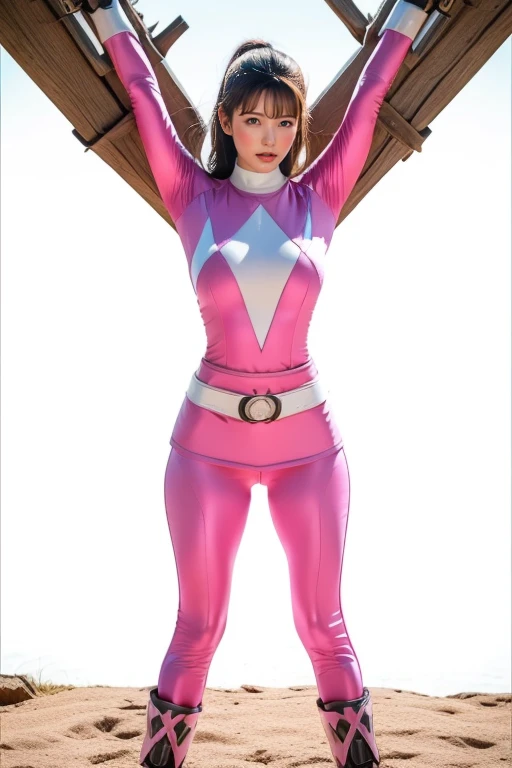 pink theme，pink ranger suit、curvy, big breats,  full body, tied on Saint Andrew's cross in X position