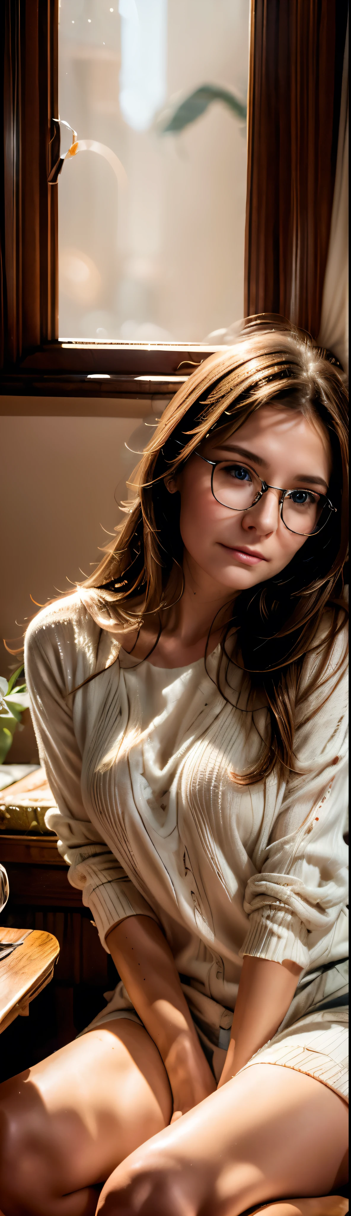 a beautiful young woman with glasses, long brown hair, piercing blue eyes, elegant facial features, delicate skin, wearing a white blouse, relaxed pose, sitting in a cozy cafe, warm lighting, cinematic composition, intricate details, photorealistic,  vibrant colors, chiaroscuro lighting