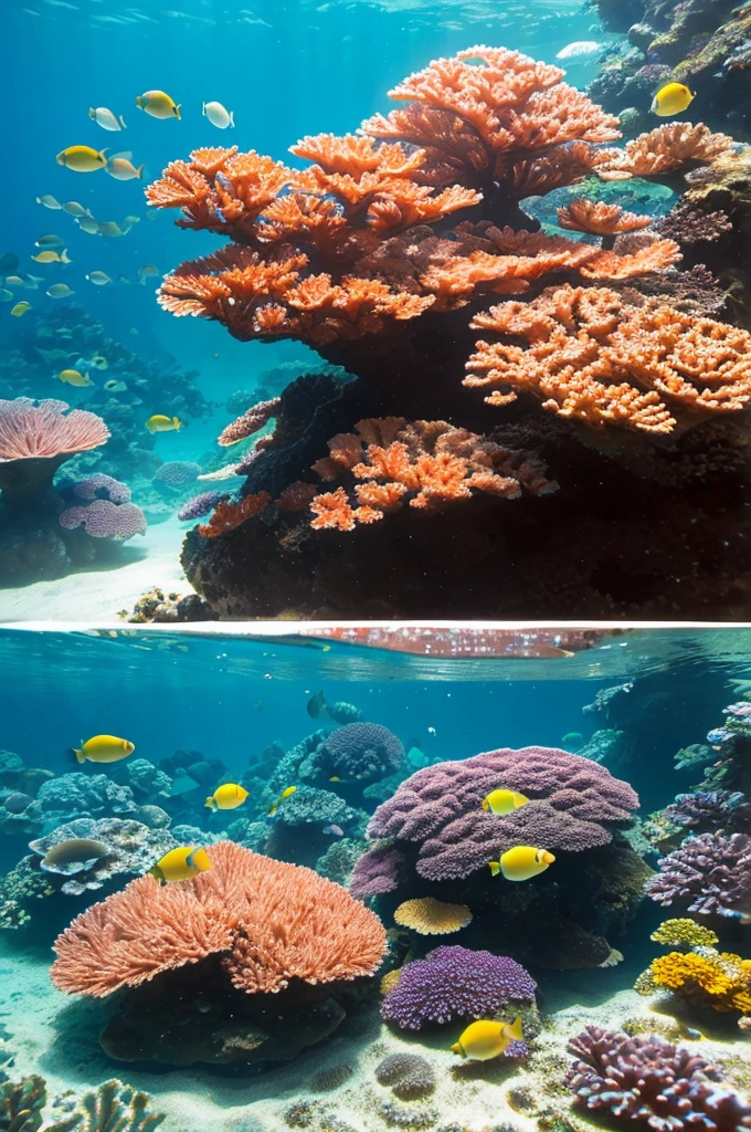 Beautiful corals and tropical fish swim in the crystal clear Okinawan sea, and a beautiful woman meditates there. Top quality, masterpiece, detailed, highest quality, 12K