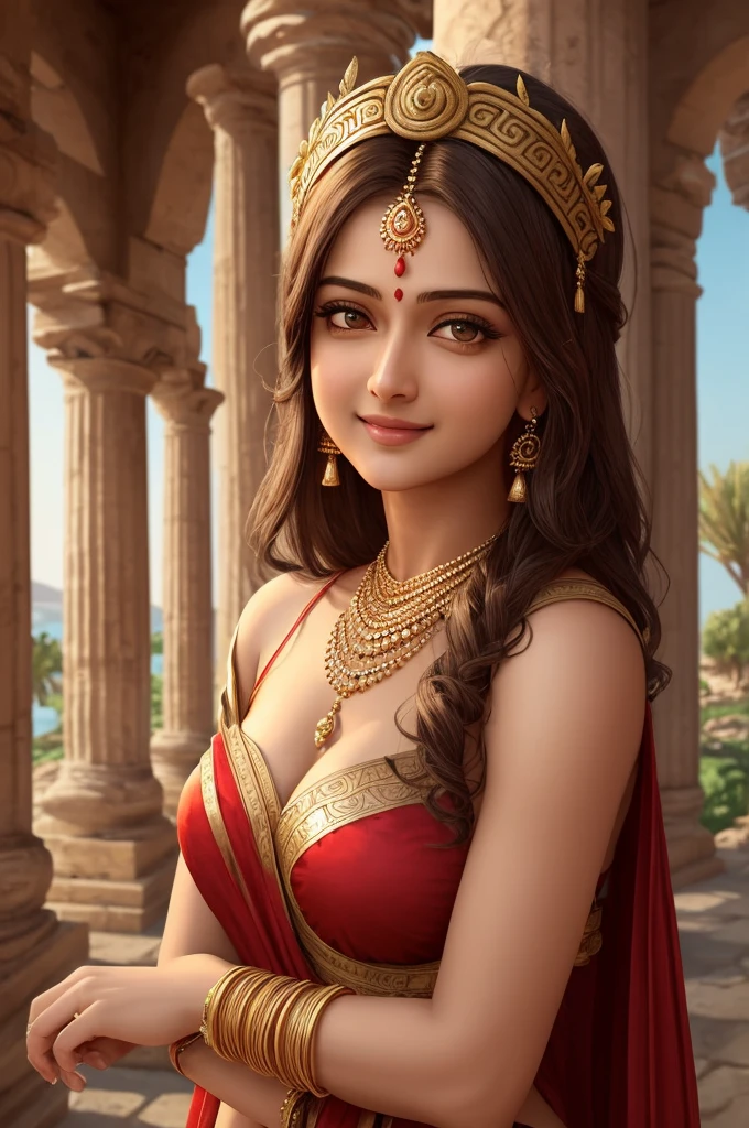Looks like Anushka Shetty, goddess of love and lust, with brown hair and brown eyes, is glossy-skinned, looks gorgeous and attractive, is smiling sensual and cruel, wears crimson greek toga, puts on jeweled golden ornaments, circlet, necklace, bangles, bracelets, ancient cyprus island, ancient greek garden, pigeons, roses, Greek mythology, sensual atmosphere, photorealistic, super high quality, super detail, ultra-accurate and precise description of hands, masterpiece, 8K, HDR