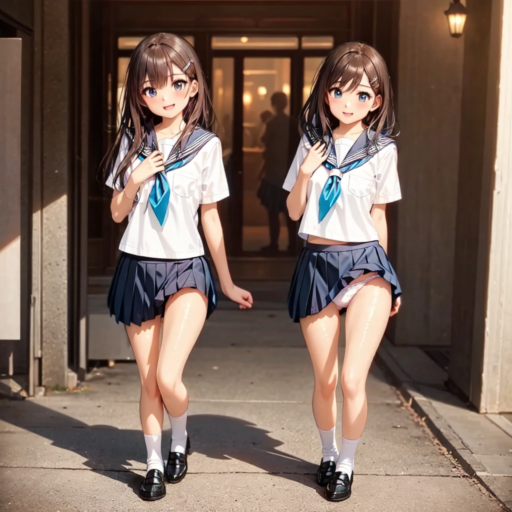 Very small breasts、All of them have their breasts fully exposed.、Bare Chest、Bare shoulders、loafers、Texture CG, ((Ultra Detailed Art)), ((masterpiece)), (Highly detailed CG),Multiple Girls,Two Girls,Harem,Are standing, ,((((uniform))),skirt ,(((赤いpleated mini skirt)))), White shirt, School Bags , Beautiful feet,From directly below, Wind power increase,((String Panties),(White sexy panties)),Long Hair, Brown Hair,curve, Beautiful attention to detail , Glowing Skin, hair ornaments, Hair Clip, Open your mouth ,A light smile, Embarrassing:1.4,