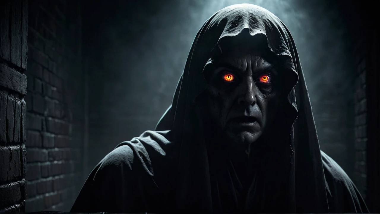 a cruel male ghost with glowing eyes, dark and ominous atmosphere, haunting and unsettling presence, horror, dark fantasy, moody lighting, chiaroscuro, cinematic composition, mysterious and eerie, (best quality,4k,8k,highres,masterpiece:1.2),ultra-detailed,(realistic,photorealistic,photo-realistic:1.37),dramatic shadows, intense contrasts, gritty textures, dark colors, haunting and disturbing