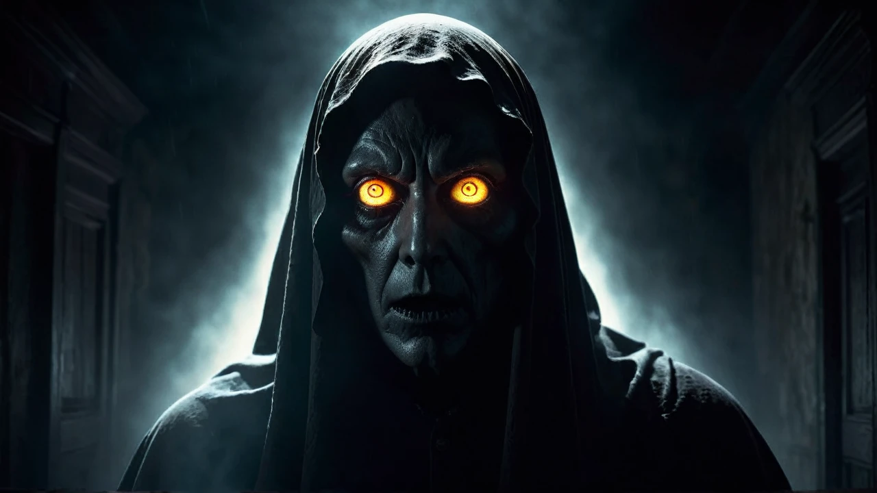 a cruel male ghost with glowing eyes, dark and ominous atmosphere, haunting and unsettling presence, horror, dark fantasy, moody lighting, chiaroscuro, cinematic composition, mysterious and eerie, (best quality,4k,8k,highres,masterpiece:1.2),ultra-detailed,(realistic,photorealistic,photo-realistic:1.37),dramatic shadows, intense contrasts, gritty textures, dark colors, haunting and disturbing