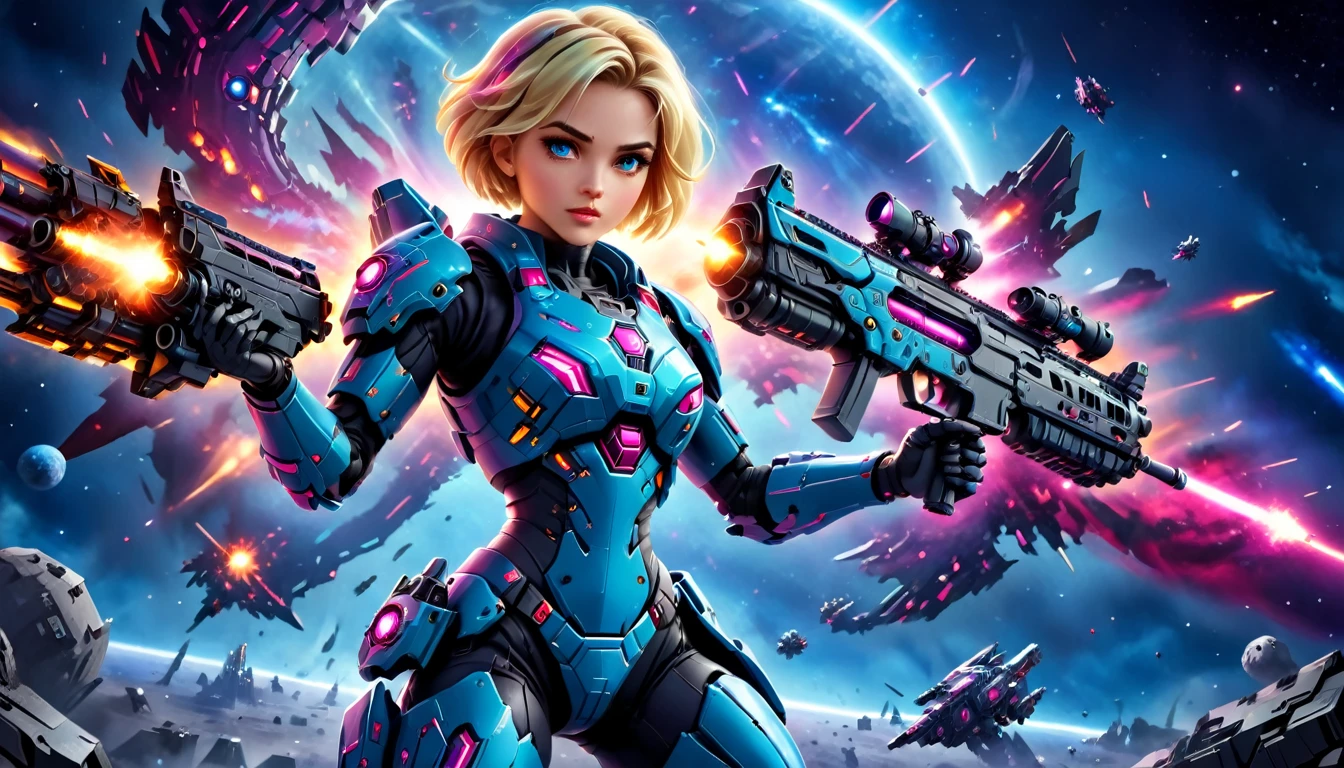 a female mech warrior in battle on a moon in space, full body shot, action shot, a tough and beautiful female mech warrior, short blond hair, dynamic eye color, intent gaze, ultra detailed face, best detailed face, she wears mech armor, and massive sci-fi gun, in battle, outer space background, stars, vibrant, Ultra-high resolution, High Contrast, (masterpiece:1.5), highest quality, Best aesthetics), best details, best quality, highres, (ultra wide angle: 1.2), 16k, ultra detailed, masterpiece, best quality, (extremely detailed),aetherpunkai, Mechanical Creatures, assault rifle