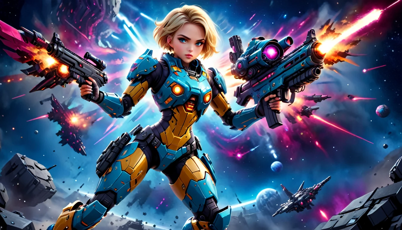 a female mech warrior in battle on a moon in space, full body shot, action shot, a tough and beautiful female mech warrior, short blond hair, dynamic eye color, intent gaze, ultra detailed face, best detailed face, she wears mech armor, and massive sci-fi gun, in battle, outer space background, stars, vibrant, Ultra-high resolution, High Contrast, (masterpiece:1.5), highest quality, Best aesthetics), best details, best quality, highres, (ultra wide angle: 1.2), 16k, ultra detailed, masterpiece, best quality, (extremely detailed),aetherpunkai, Mechanical Creatures, assault rifle