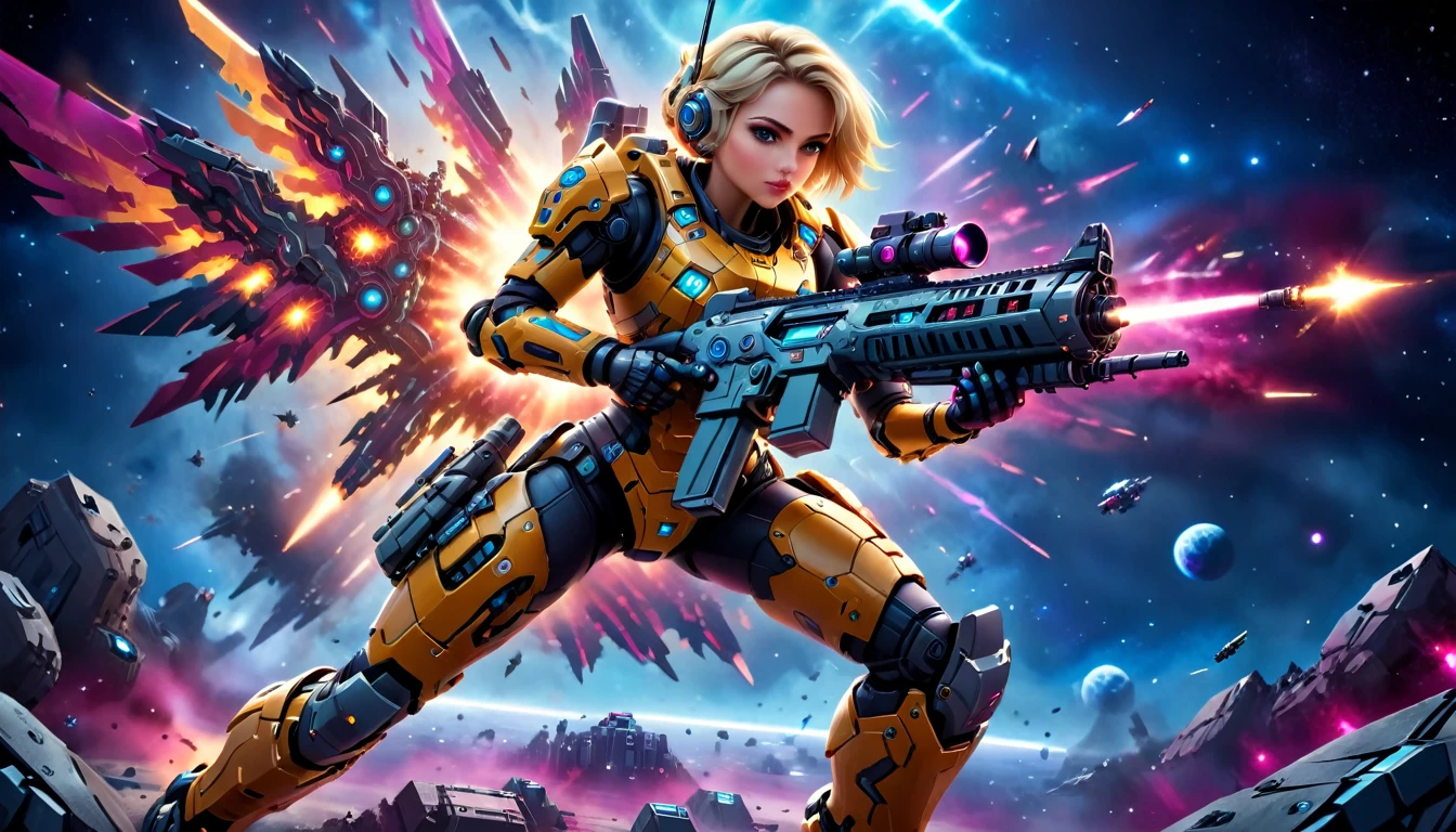 a female mech warrior in battle on a moon in space, full body shot, action shot, a tough and beautiful female mech warrior, short blond hair, dynamic eye color, intent gaze, ultra detailed face, best detailed face, she wears mech armor, and massive sci-fi gun, in battle, outer space background, stars, vibrant, Ultra-high resolution, High Contrast, (masterpiece:1.5), highest quality, Best aesthetics), best details, best quality, highres, (ultra wide angle: 1.2), 16k, ultra detailed, masterpiece, best quality, (extremely detailed),aetherpunkai, Mechanical Creatures, assault rifle