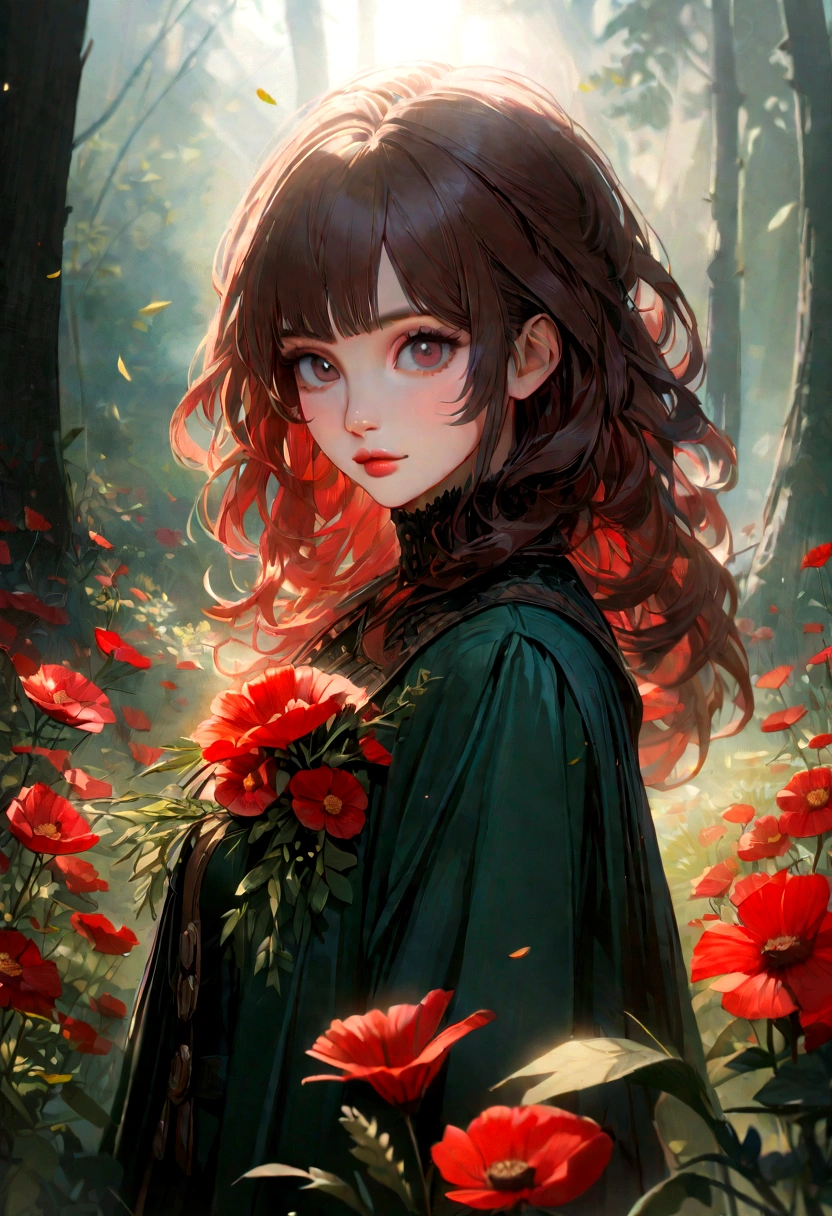 precocious herb , (pretty herb with red flower : 1.5), (small flower: 1.0), (wild: 1.0), meadow with short grass and forest background , full shot, ((looking at viewer:1.2), (from side:0.8)), volumetric lighting dynamic lighting, real shadows, vibrant contrasting colors, style of Stephen Hickman and Stan Manoukian, ultra realistic, masterpiece, high quality, highres, sharp focus, intricate, sharp details, highly detailed, rich color, 8K,