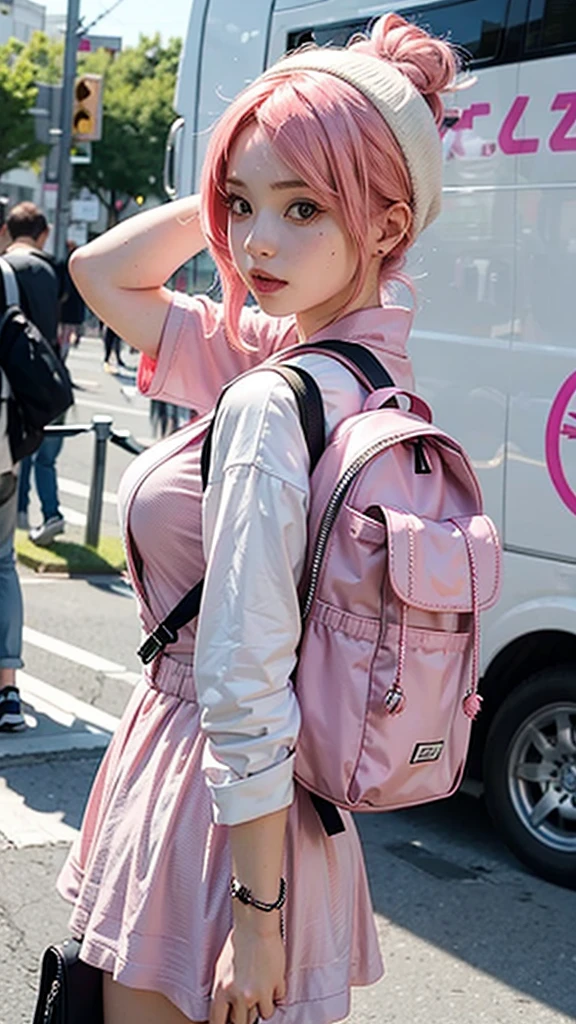 anime girl with pink hair with a backpack, She's wearing street clothes, with pink hair, portrait of jossi of blackpink, Ulzan, ((pink)), jossi of blackpink, lalisa manoban of blac color, Wearing cyberpunk streetwear, Japanese Streetwear, Long hair, Anime girls in real life, Casual posture, pink girl
