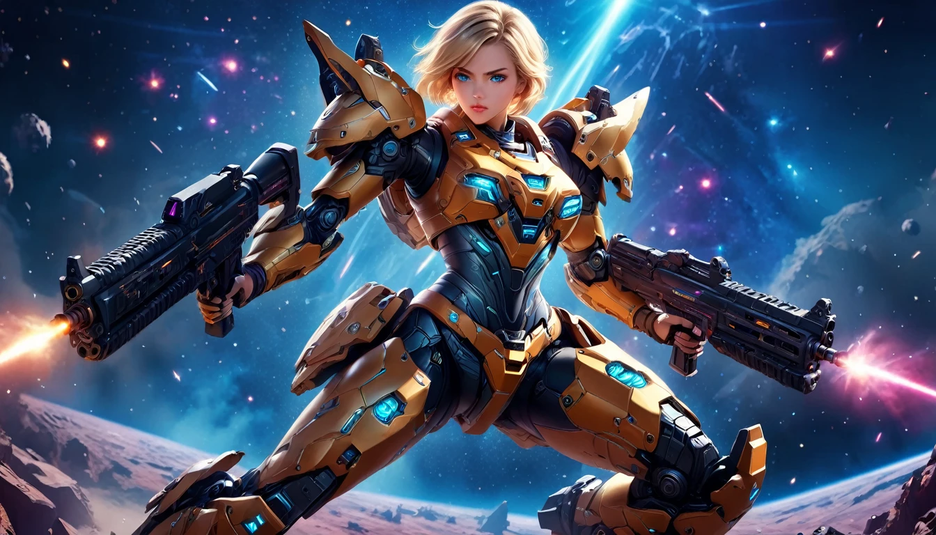 a female mech warrior in battle on a moon in space, full body shot, action shot, a tough and beautiful female mech warrior, short blond hair, dynamic eye color, intent gaze, ultra detailed face, best detailed face, she wears mech armor, and massive sci-fi gun, in battle, outer space background, stars, vibrant, Ultra-high resolution, High Contrast, (masterpiece:1.5), highest quality, Best aesthetics), best details, best quality, highres, (ultra wide angle: 1.2), 16k, ultra detailed, masterpiece, best quality, (extremely detailed),aetherpunkai, Mechanical Creatures, assault rifle