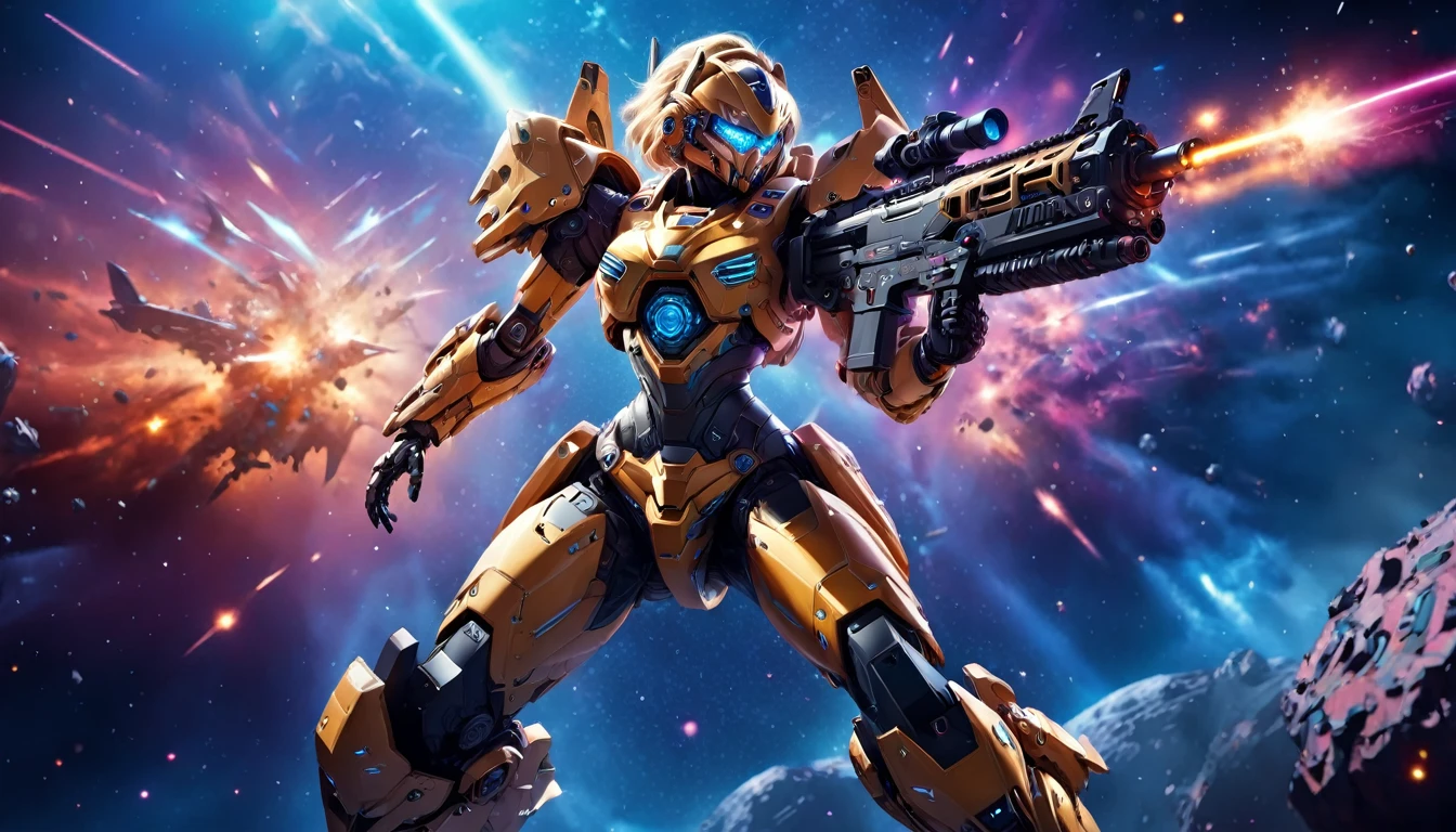 a female mech warrior in battle on a moon in space, full body shot, action shot, a tough and beautiful female mech warrior, short blond hair, dynamic eye color, intent gaze, ultra detailed face, best detailed face, she wears mech armor, and massive sci-fi gun, in battle, outer space background, stars, vibrant, Ultra-high resolution, High Contrast, (masterpiece:1.5), highest quality, Best aesthetics), best details, best quality, highres, (ultra wide angle: 1.2), 16k, ultra detailed, masterpiece, best quality, (extremely detailed),aetherpunkai, Mechanical Creatures, assault rifle